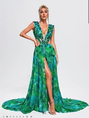 Tropical Green Cutout Maxi Gown with High Slit